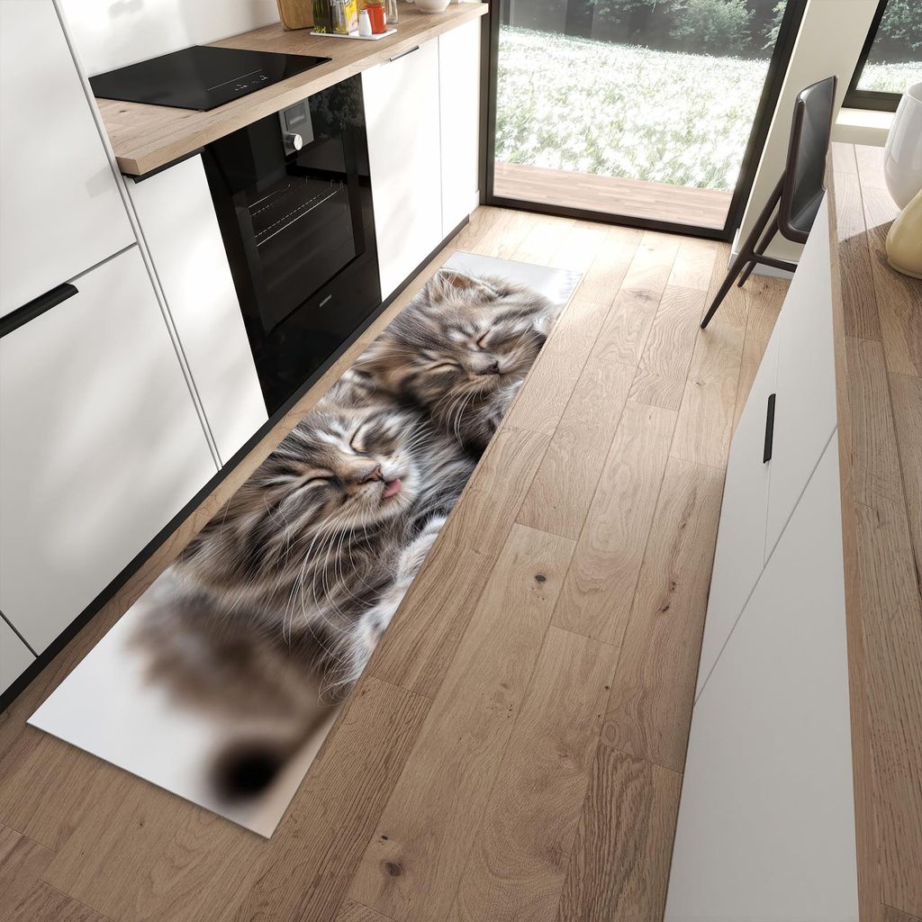 Küchenteppich 60x240cm rutschfest & abwischbar PVC Läufer - Schlafende Kätzchen
