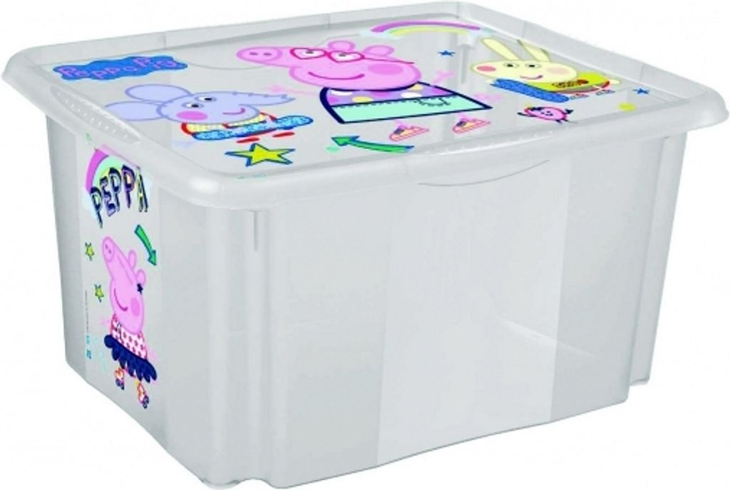 A clear plastic storage box with Peppa Pig characters and branding.