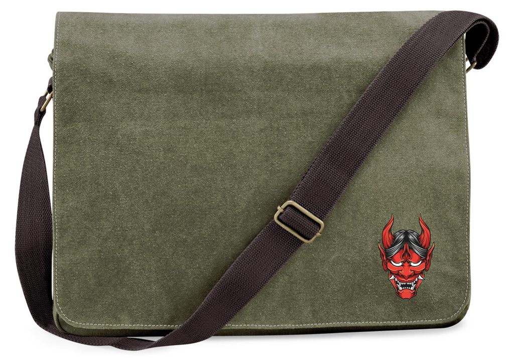 Huuraa Umhängetasche Oni Yōkai Japanische Mythologie 14 Liter Military Green Canvas Laptoptasche Geschenkidee
