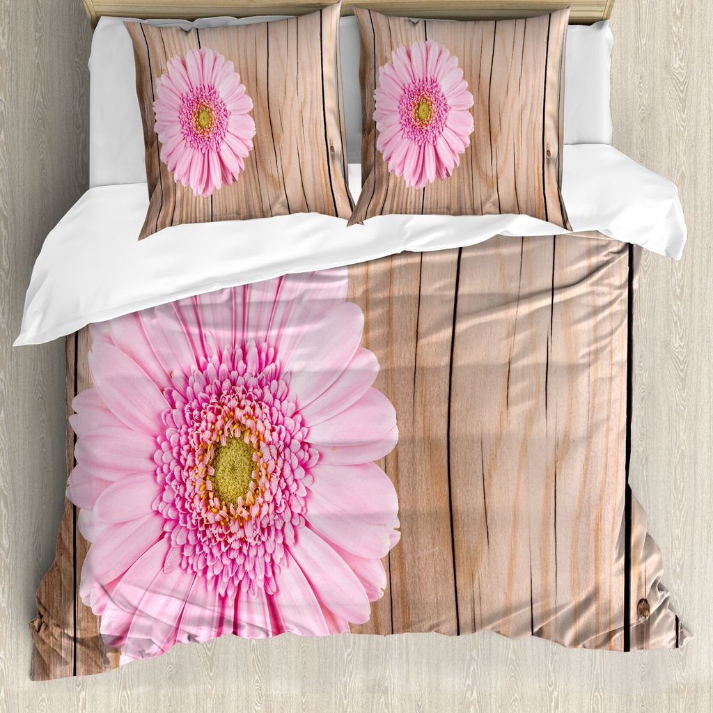 ABAKUHAUS Rustikal Bettbezug, Rosa Gerber auf Holz, Milbensicher Allergiker geeignet mit Kissenbezügen, 155 cm x 220 cm - 80 x 80 cm, rosa Brown