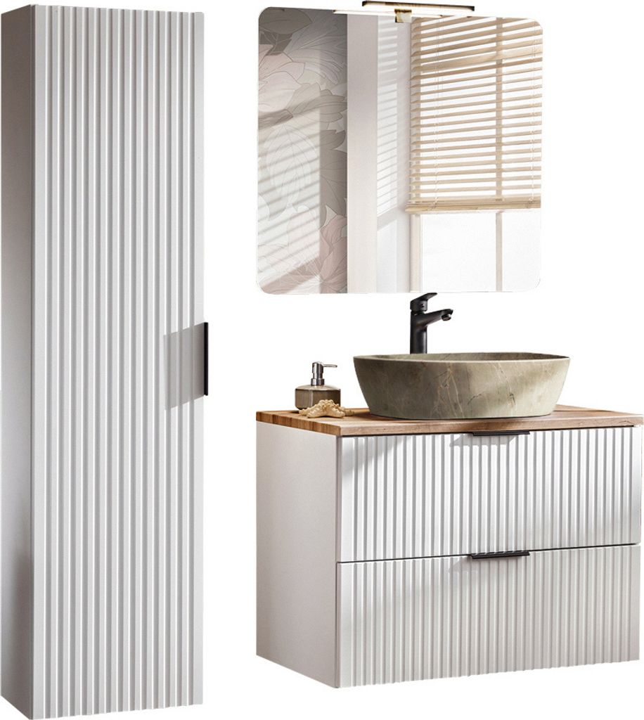 A modern bathroom vanity set with a tall cabinet, a sink, and a mirror.
