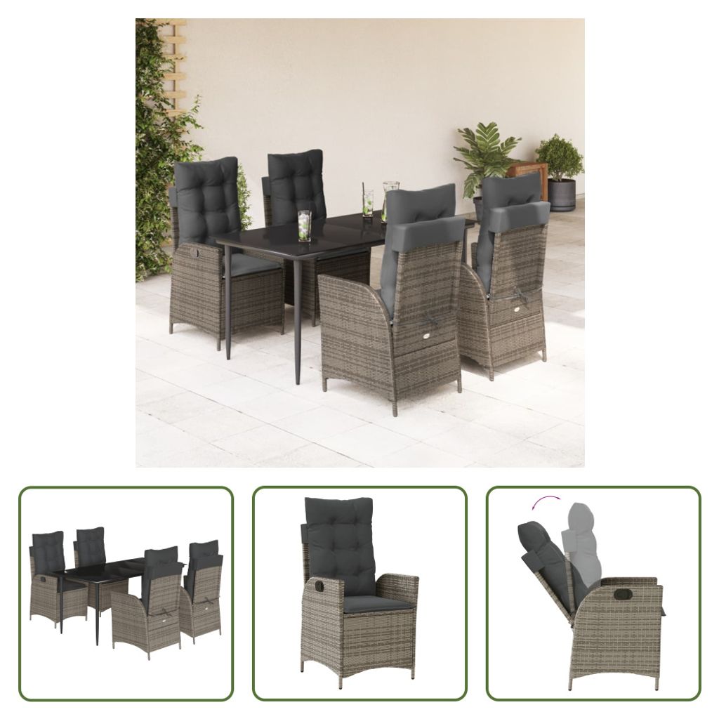 The Living Store 5-tlg. Garten-Essgruppe mit Kissen Grau Poly Rattan