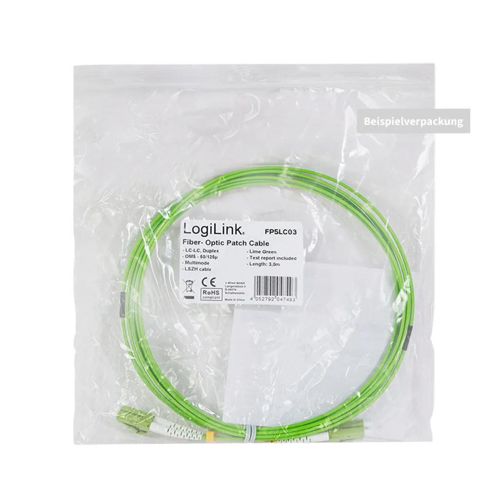 Câble patch FO duplex OM5 LC/LC LogiLink 50/125µ vert lime de 7,5m - 4