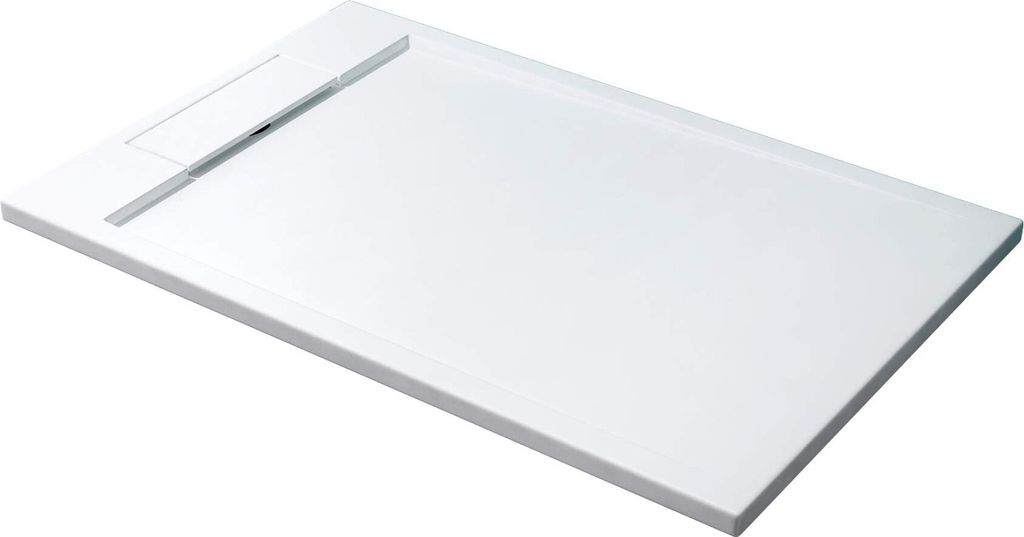 A white shower tray with a drain on a white background.