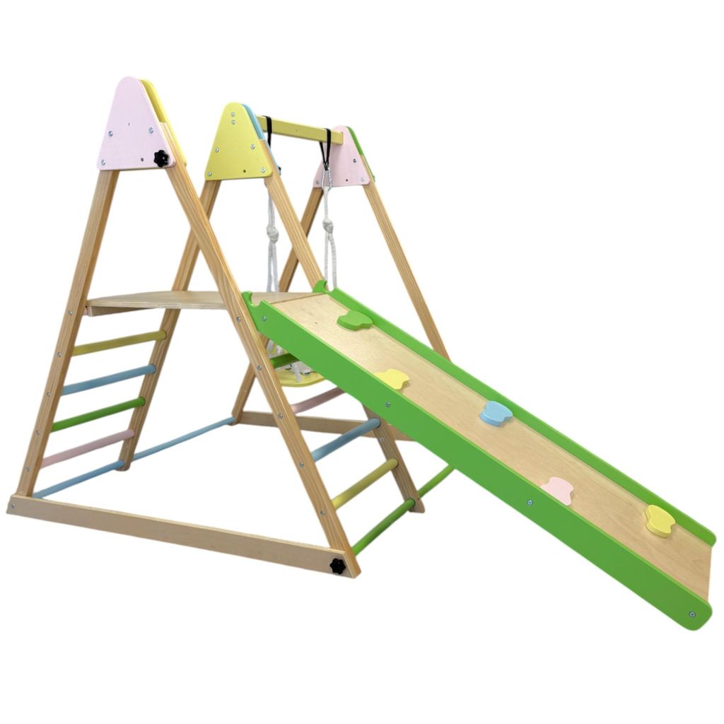 A wooden Montessori playset with a slide, swing, and climbing ramp, set against a white background.