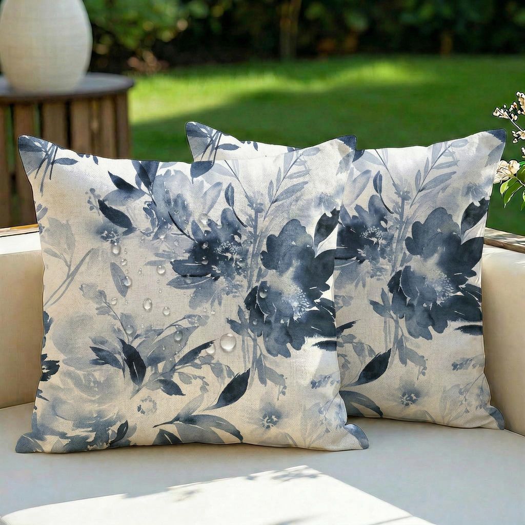 40x40 cm wetterfeste Dekokissenbezüge, abstraktes Retro-Sommerblumenmuster in Blau, Polyester, 2-teiliges Set für Gartenbank, Wohnzimmer, Bett