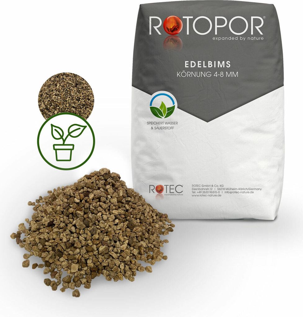 Rotopor Edelbims Waschbims Körnung 4-8 mm Bims Bimskies Mulch Substrat 25L Sack