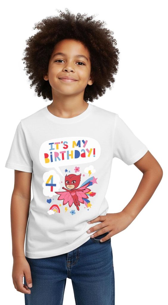 Spreadshirt PJ Masks Eulette Geburtstags Design 4. Geburtstag Kinder T-Shirt, 98/104 (3-4 Jahre), Weiß