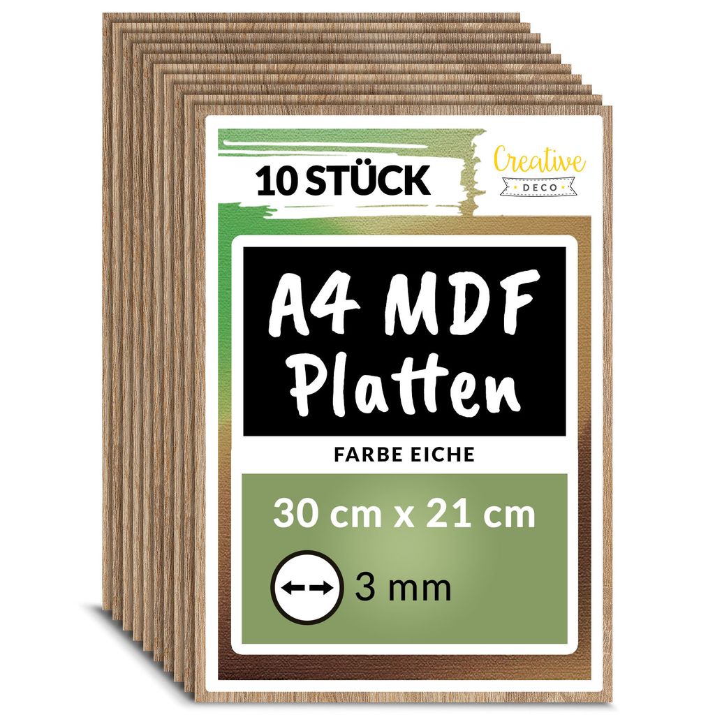 Creative Deco 10 x A4 MDF Platten Einseitig Lackiert Eiche | 300 x 210 x 3 mm | Dünne Holz-Platten für Laser, CNC Router, Modellierung,