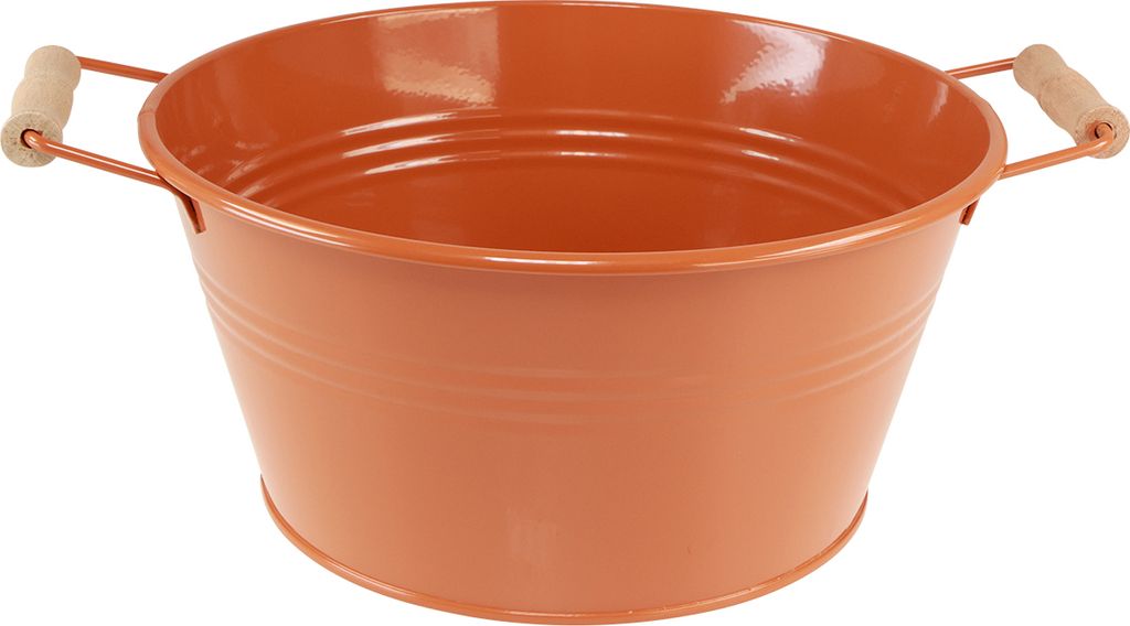 Metall Deko Schale Orangebraun mit Holzgriffen Vintage Ø29cm H14,5cm Pflanzschale Übertopf