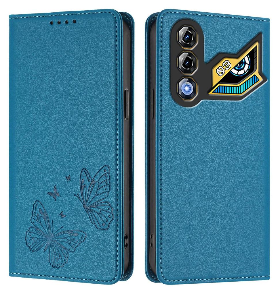 Lederhülle für ZTE nubia Neo 3 GT, Schmetterling Prägung Leder Brieftasche Schutzhülle mit Ständer Blau