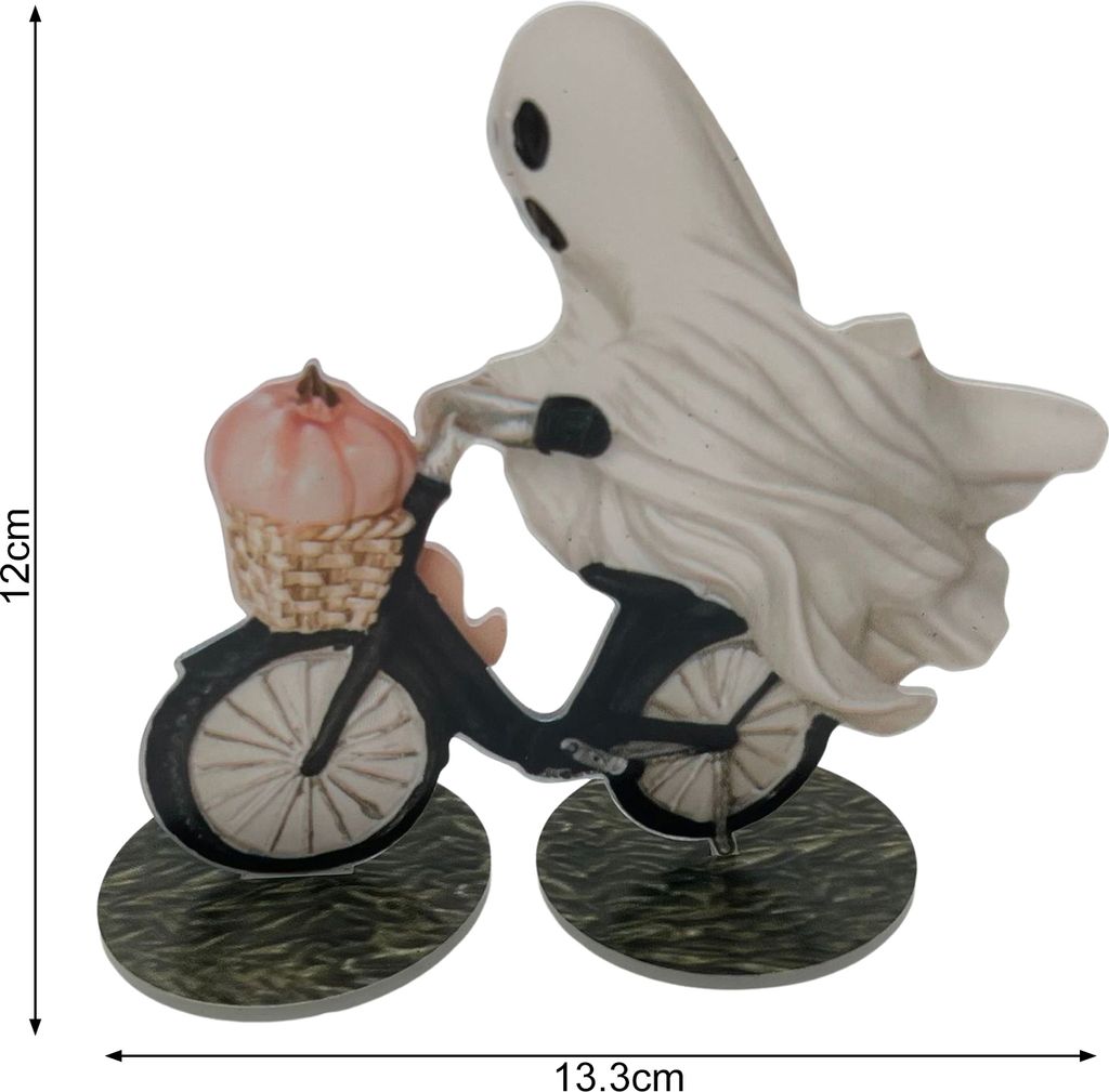 Halloween Geist Rosa Kürbis Statue Niedliche Gruselige Geist Reiten Fahrrad Figur Acryl Halloween Indoor Outdoor Nachbildung