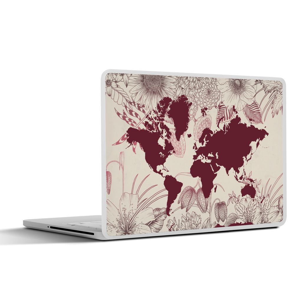 MuchoWow Laptop Aufkleber Sticker Cover Weltkarte - Rot - Blumen 36.5x27.5 cm - Laptop-Sticker
