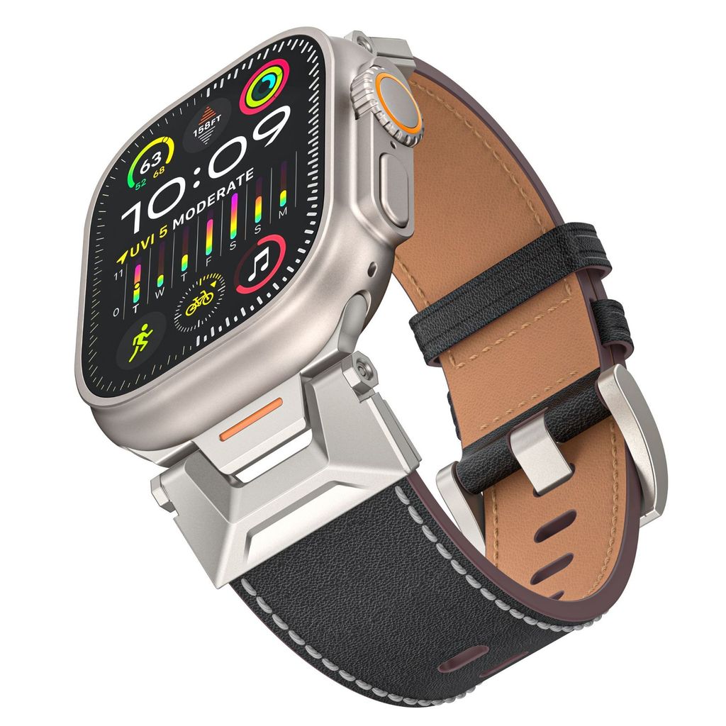 FFO2World Mecha Stil Echtleder Armband - Schwarz - Kompatibel mit Apple Watch 42/44/45/46/49MM – Futuristisches Design für Herren und Damen