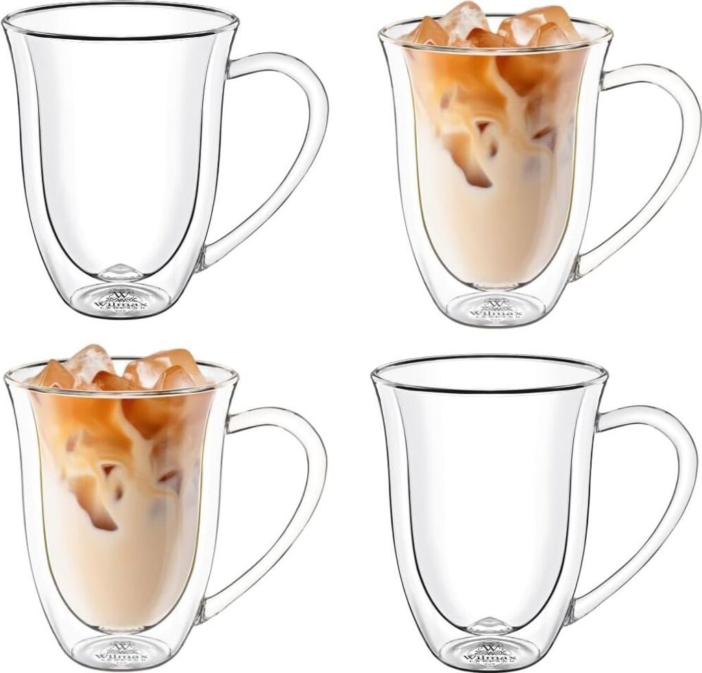 Wilmax Thermogläser mit Henkel - 4er Set - 400 ml - Doppelwandige Gläser für Wasser, Tee, Kaffee - Gläser für Tee und Kaffee - Becher für Hei...