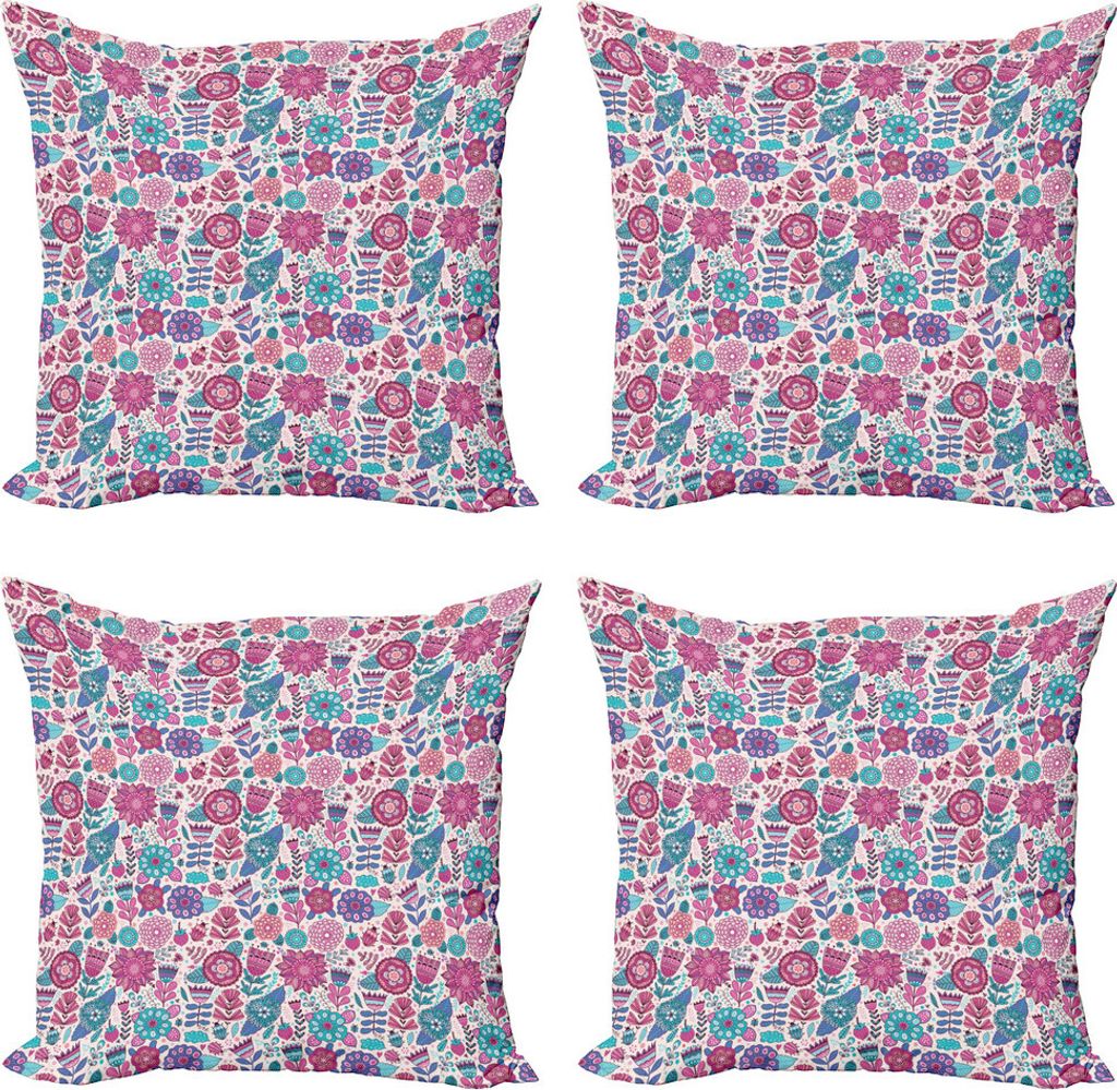 ABAKUHAUS Garten Kissenbezug Set (4 Stück), Doodle Pfingstrosen Tulpen, Moderner Doppelseitiger Digitaldruck, 45 cm x 45 cm, Violet Blue Sky Blue