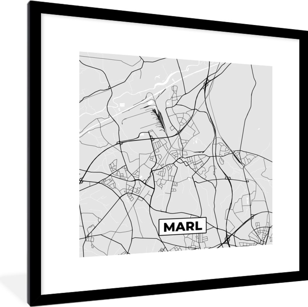 MuchoWow Gerahmtes Poster Marl - Karte - Stadtplan - Deutschland - Karte 40x40 cm - Poster mit Schwarzem Bilderrahmen Wandposter Rahmen Foto Bild...
