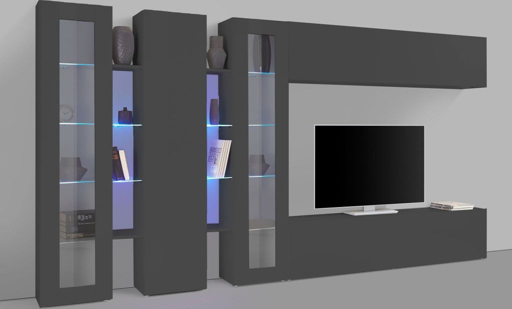Wohnwand >Benevent< (7-teilig) in Anthrazit matt - 340x180x30 (BxHxT)