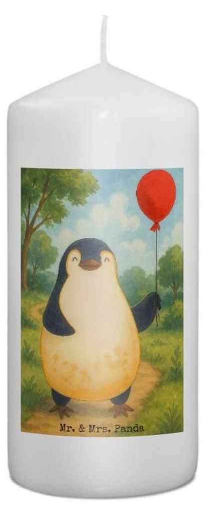 Mr. & Mrs. Panda Kerze Pinguin Luftballon Design 15 x 7 cm - Weiß - Geschenk, Bedruckte, Erinnerungskerze, Wachskerze, Erinnerungslicht, Jahrmarkt...