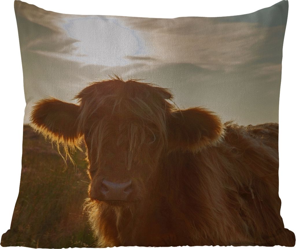 MuchoWow Outdoor Kissen - Schottisches Hochlandrind - Sonnenuntergang - Gras - 45x45 cm - Wetterfest - Lounge Kissen - Fotokissen - Dekoratives K...