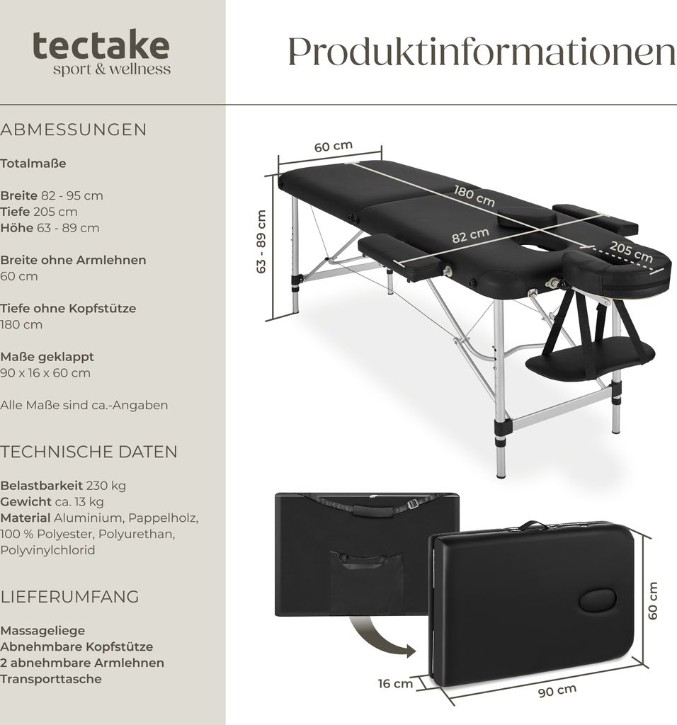 Tectake Massageliege, 205x60x89 cm, 2 Zonen, 4 cm Produktbild 