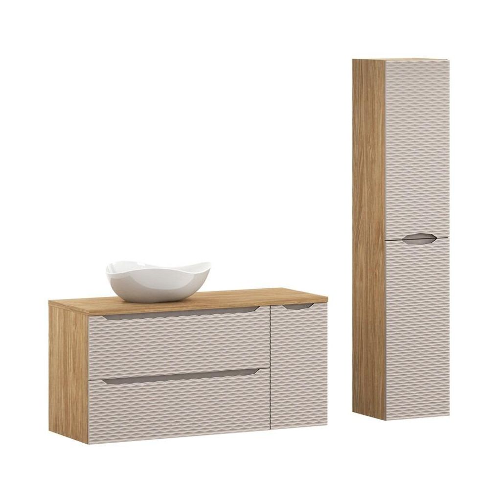 Badmöbel-Set Hochschrank Waschtischunterschrank 90 cm Mit 2 Schubladen & Waschtischplatte 120 cm , Ocean Beige O - Beige/Geölter Eiche