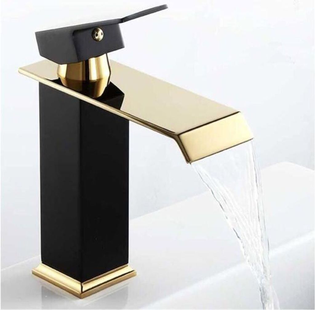 Einloch-Waschtischarmatur in mattem Schwarz-Gold, massiver Messing-Wasserhahn für Warm- und Kaltwasser, schwarz PZCC