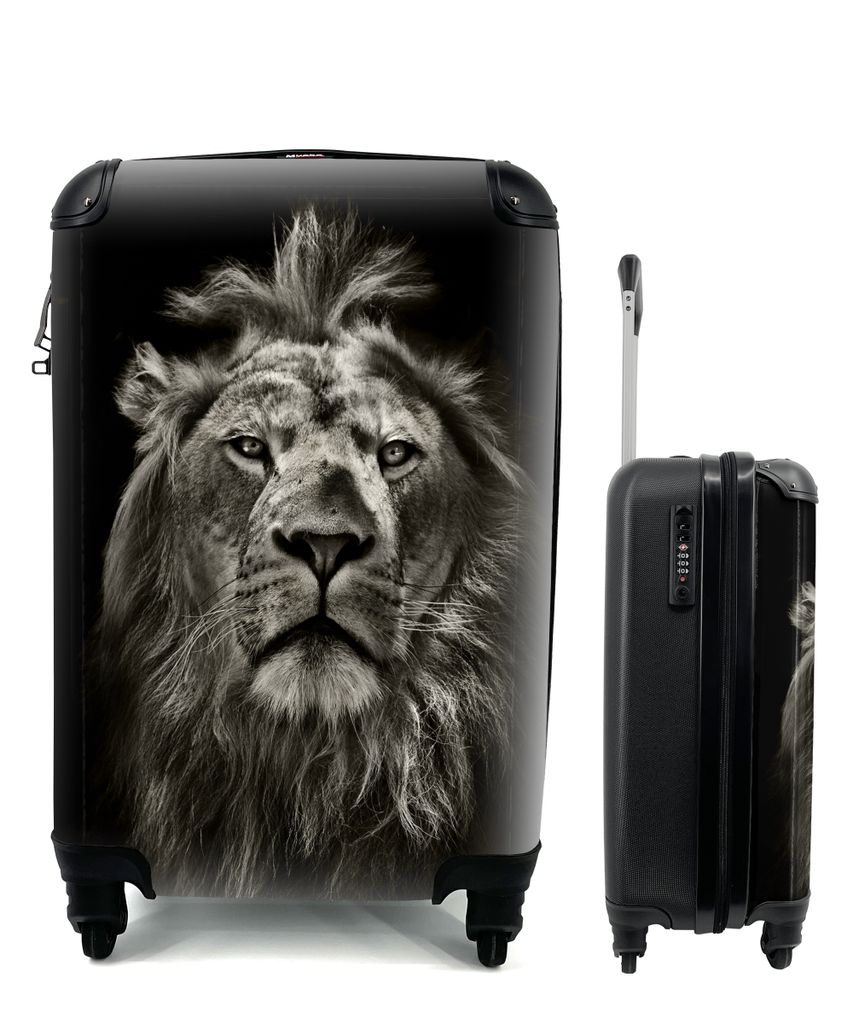 MuchoWow Koffer Handgepäck Trolley Rollkoffer Kleine Reisekoffer mit 4 Rollen - Löwe - Tiere - Porträt - Wildtiere - Schwarz und weiß - Cabin...