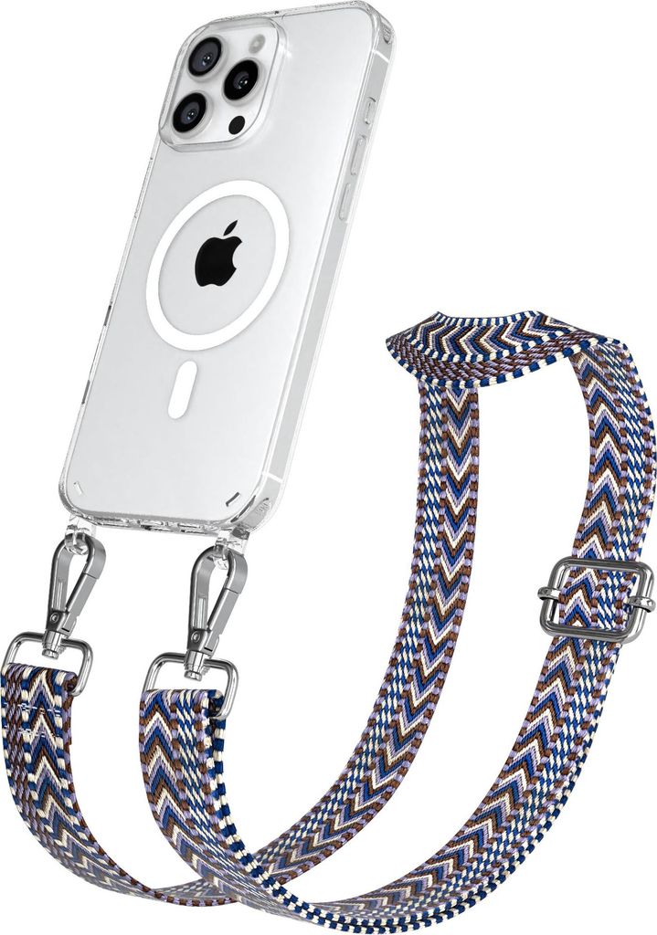 EAZY CASE - Handykette mit MagSafe Hülle für Apple iPhone 16 Pro Max, Handyband ZigZag Style,Karabiner Silber, Umhängeband in Blau