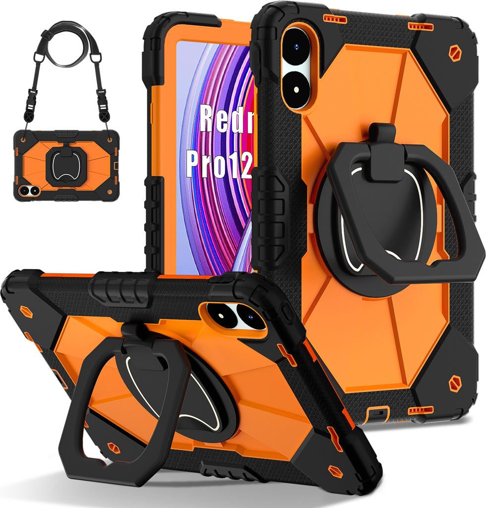 Hülle für Xiaomi Poco Pad / Redmi Pad Pro 5G Robuste Tragbare Schutzhülle mit Ständer, Handgurt und Schultergurt Schwarz Orange