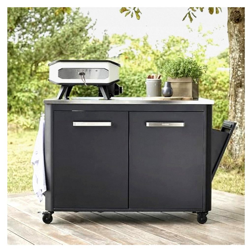 Außentisch mit Edelstahltisch, 2 Türen und 4 Rädern Edelstahl/schwarz/grau