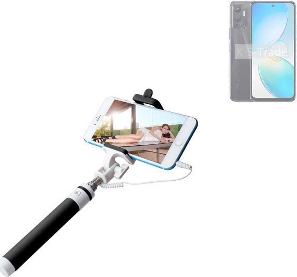 K-S-Trade Selfie Stick kompatibel mit Infinix Hot 12i Selfiestick kabelgebunden Monopod mit Kabel Stab Stange Selfportrait Handheldstick schwarz 1x