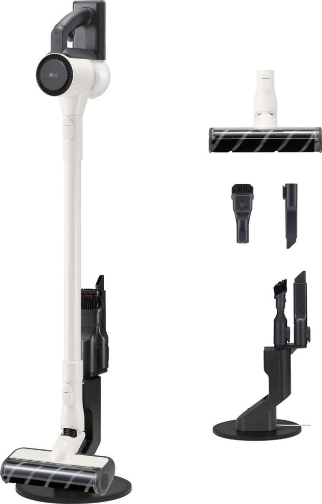 A cordless vacuum cleaner and its accessories are displayed against a white background.