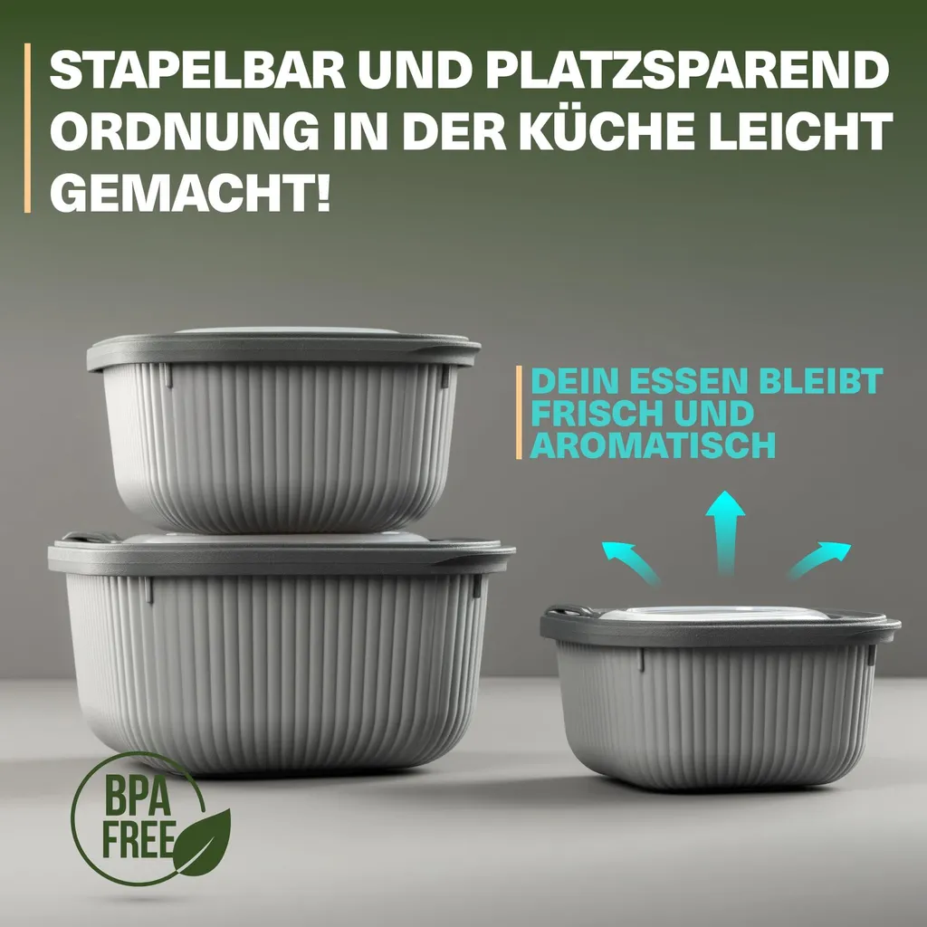 Set di 6 contenitori per alimenti Viwares con coperchio trasparente con valvola, contenitori per alimenti, cucina, impilabili, senza BPA, plastica, adatti al microonde/frigorifero, 3 misure (600 ml/1100 ml/1800 ml) - 3