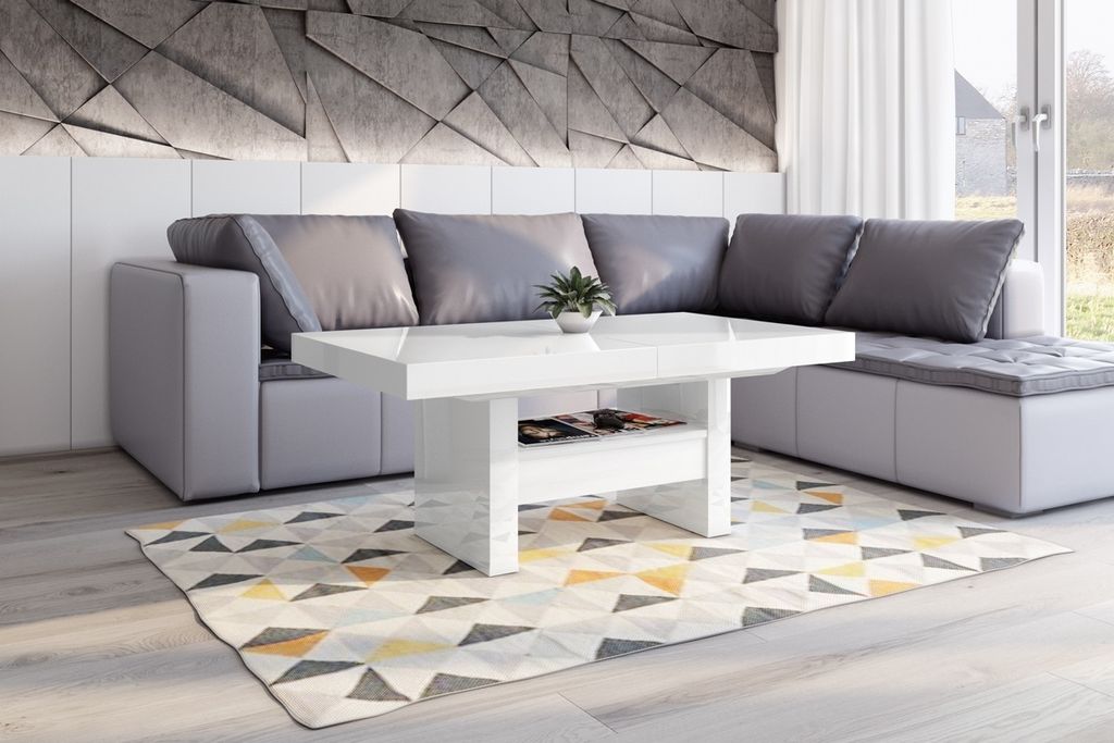 Design Couchtisch Tisch HLU-111 Weiß Hochglanz Schublade höhenverstellbar ausziehbar Esstisch