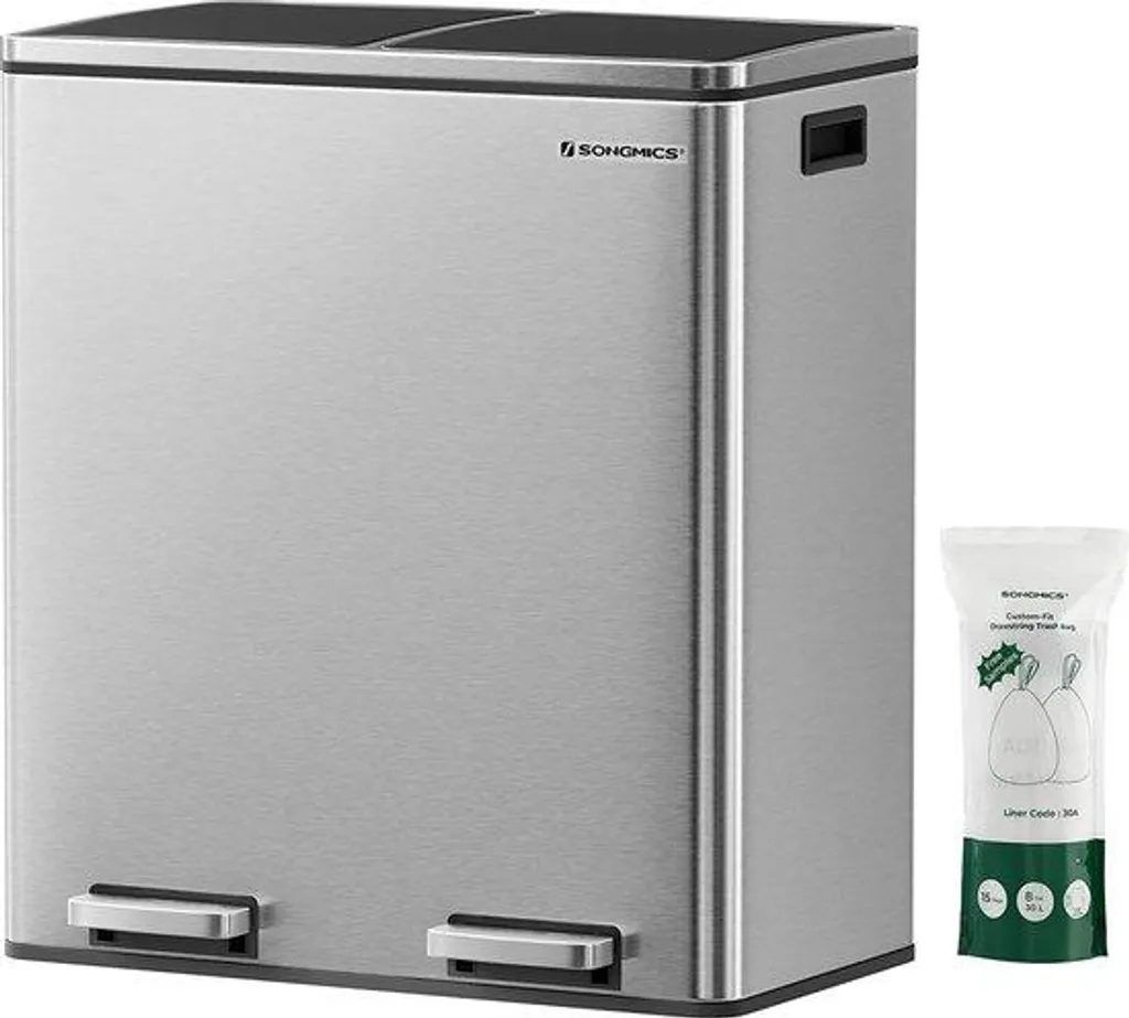 Poubelle de cuisine pour recyclage 60 L à 2 bacs : solution de tri chromé