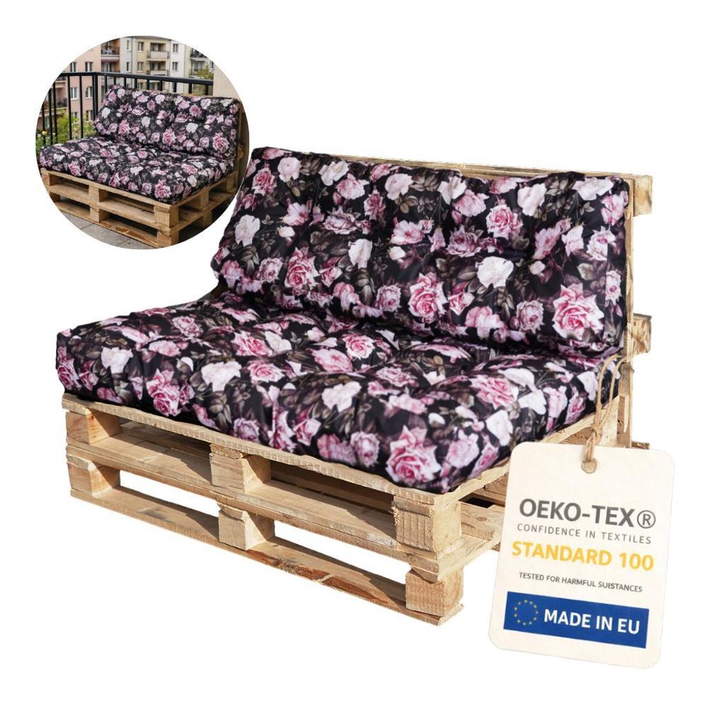 Palettenkissen 120 x 80 2-teiliges Set für Palettenmöbel Wasserdicht Europaletten Polster EU Palettensofa gesteppt komplett schwarz mit Rosen