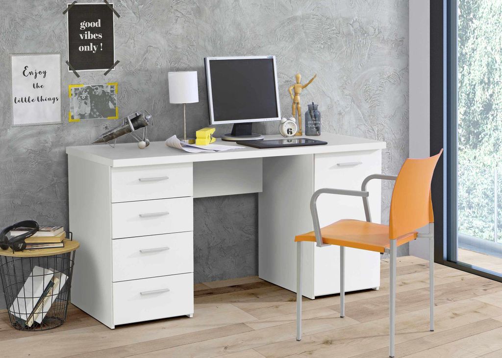 Arbeitstisch Schreibtisch NETBOB 1-trg 4 Schubladen in Weiß matt mit vier Schubladen und offenem Mittelfach, Gesamtansicht.