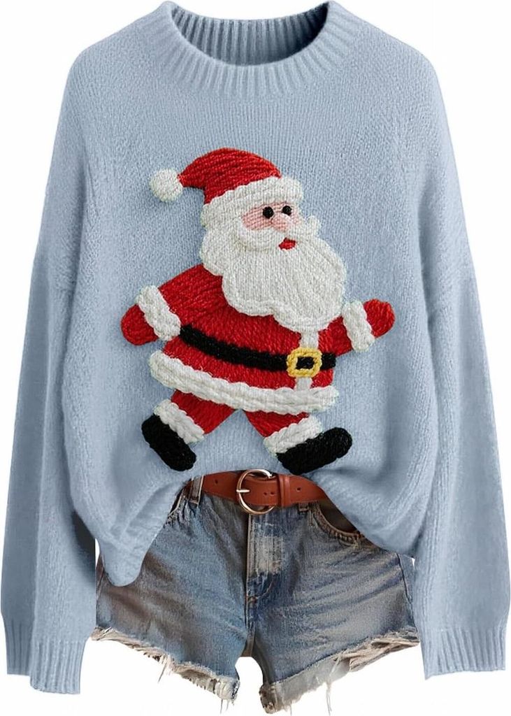 ASKSA Damen Weihnachtspullover,Strickpullover Rundhals Pulli Sweater Herbst Winter Warm Strickpulli Weihnachtspulli (A-Hellblau,XXL)