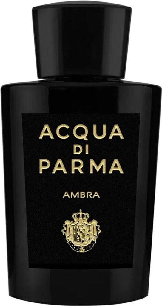 A black bottle of Acqua di Parma Ambra Eau de Parfum with gold lettering and a crest.