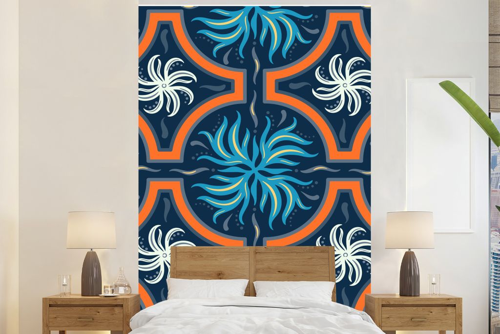 MuchoWow Fototapete für Wohnzimmer oder Schlafzimmer Wandtapete Vinyl Motivtapete Blumen - Blau - Weiß - Orange - 180x280 cm - Wallpaper
