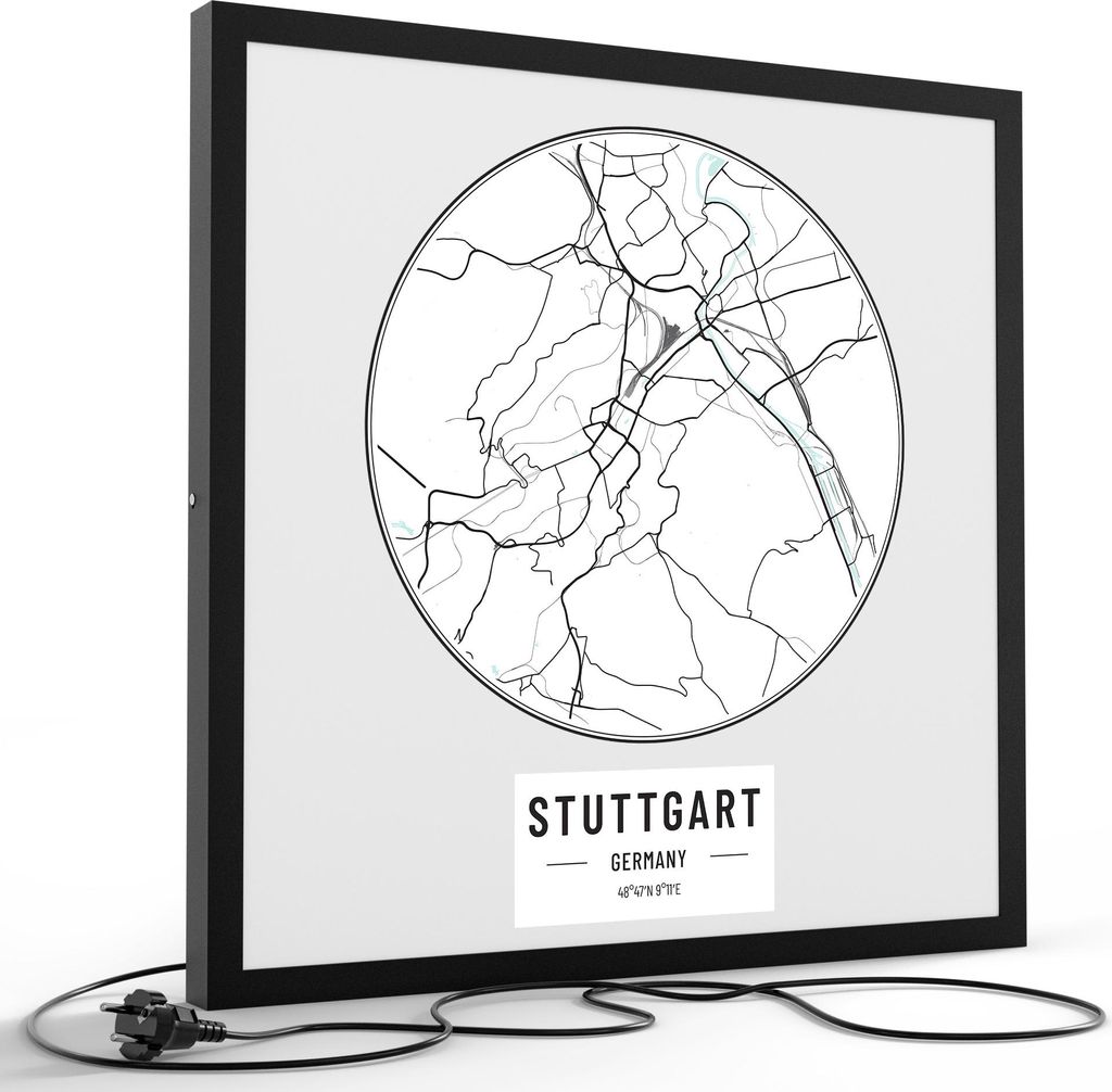 DEQORI LED-Bild & Lampe 60x60 cm Schwarz 'Stadtplan Stuttgart' Leuchtbild LED Leuchte