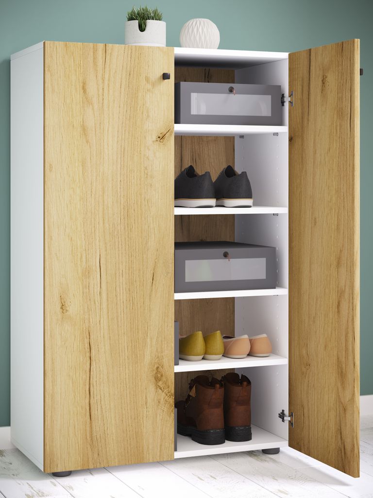 VCM Holz-Schuhschrank | Maße: H. 110 x B. 70 x T. 39 cm | Allzweckschrank | 5 Fächer | 2 Drehtüren– Lona
