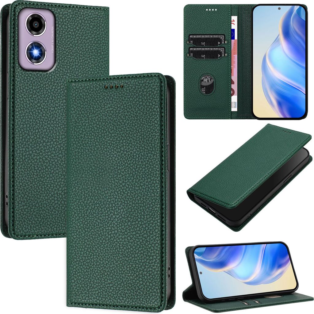 Litchi Leder Handyhülle für Motorola Moto E14 / G04 / G04s / G24 Wallet Kartenfächer Standfunktion Hülle Grün