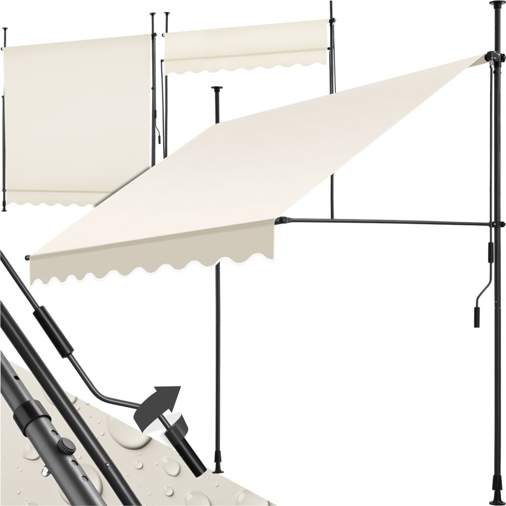 A cream-colored awning is shown extended from a black metal frame, with a crank mechanism visible on the right. Another awning is shown retracted in the background.