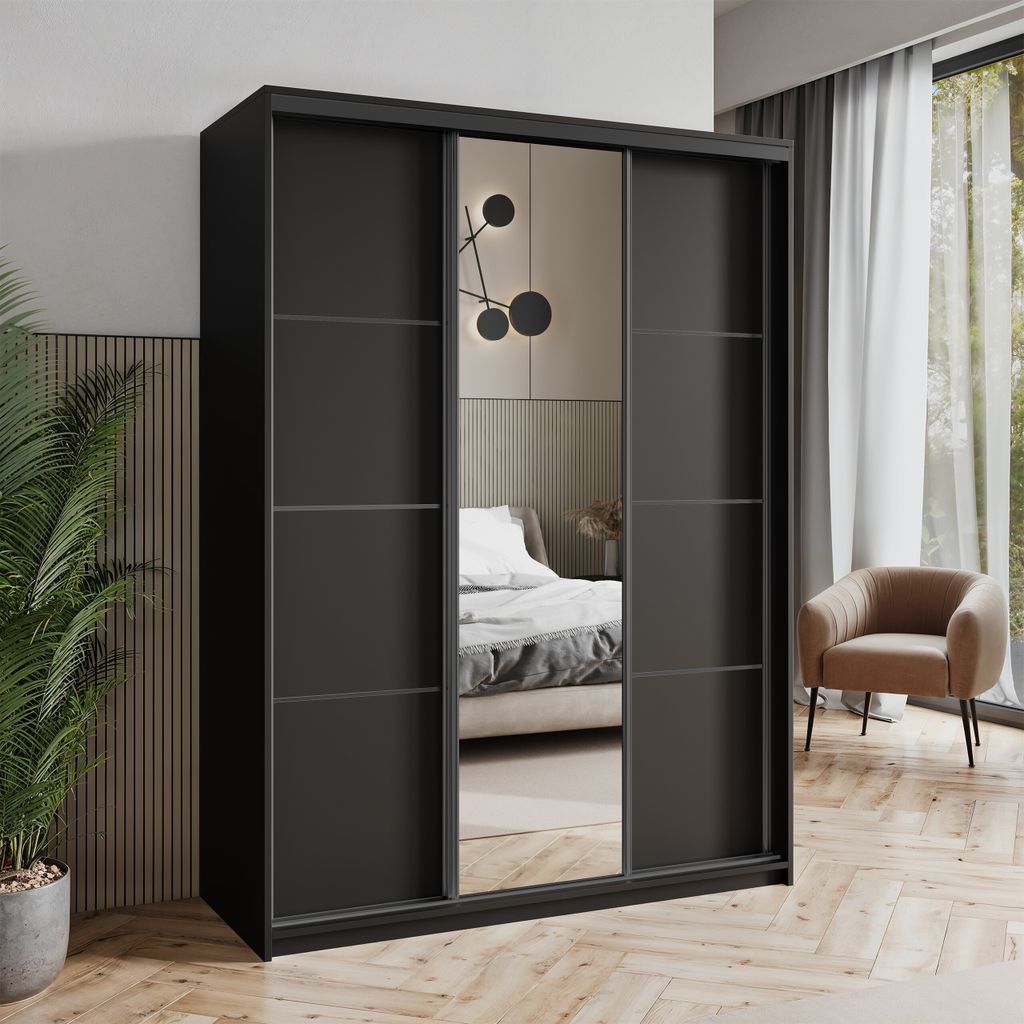 Masseno Schiebetürenschrank VARO 150/205/60 cm Kleiderschrank mit Schubladen Schlafzimmer Schrank 3-türig mit Spiegel Schwarz + Schwarz