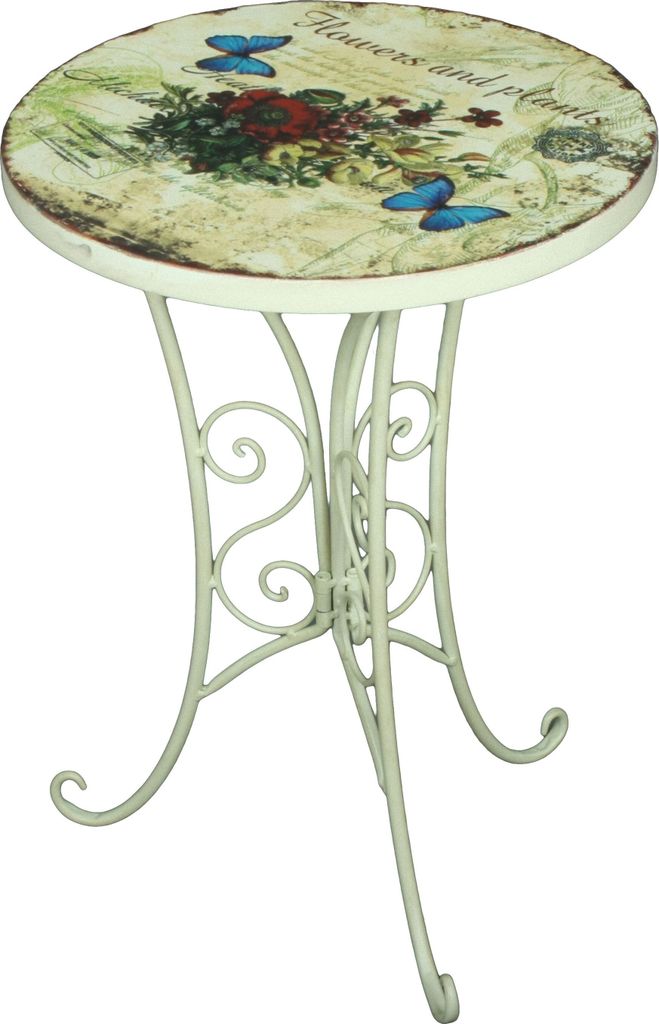 A round side table with a floral and butterfly design on the tabletop and a cream-colored metal base.