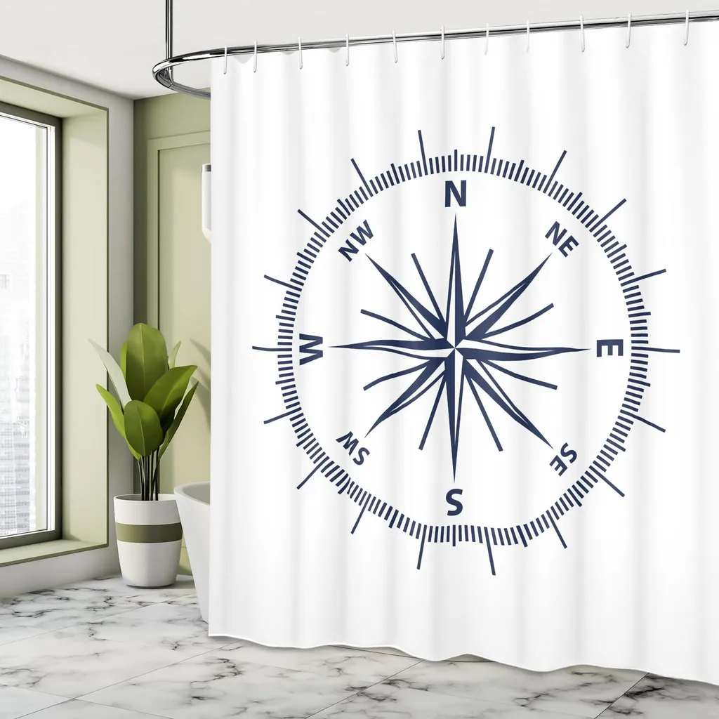 ABAKUHAUS Tenda da doccia in stile marittimo, disegno monocromatico con rosa dei venti e bussola, stampa grafica semplice, 175 x 200 cm, blu navy e bianco - 3
