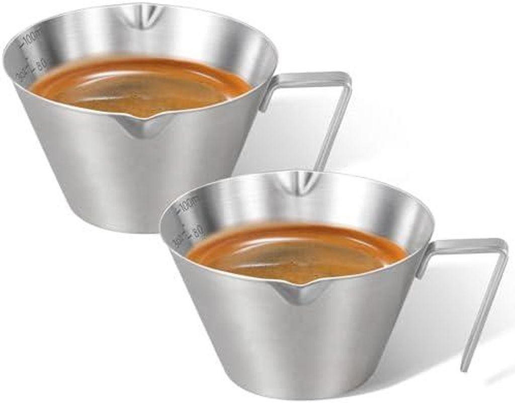 Espresso Messbecher mit Griff 100ml, 304 Edelstahl Espresso Kännchen, 2 Stück Doppel V-förmigem Ausguss und Doppelskala Metall Espresso-Schnapsb...