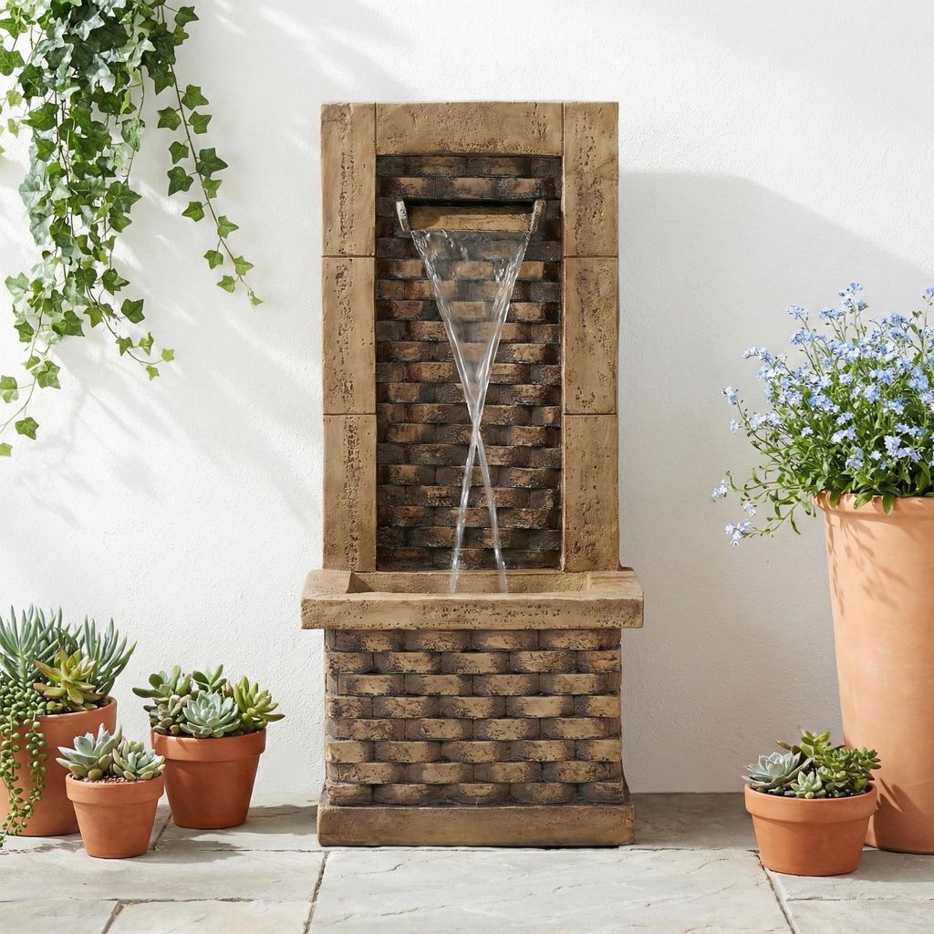 Merax Gartenbrunnen im Antik-Stil, 230V Wasserfall Wasserspiel, Stehend mit LED-Beleuchtung, Quadratisches Türdesign, für Garten, Terrasse, Balkon